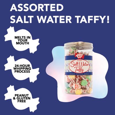 Taffy Town Saltwater Taffy, Assorted Flavors Gourmet Nougat-Style Candy Individually Wrapped Soft Chewy Treats Party Snacks, Summer Desserts, Goody Bags 18 oz Bulk Can