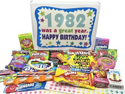 RETRO CANDY YUM 1982 43rd Birthday Gift Box of Nostalgic Candy from Childhood for 43 Year Old Man or Woman Born 1982