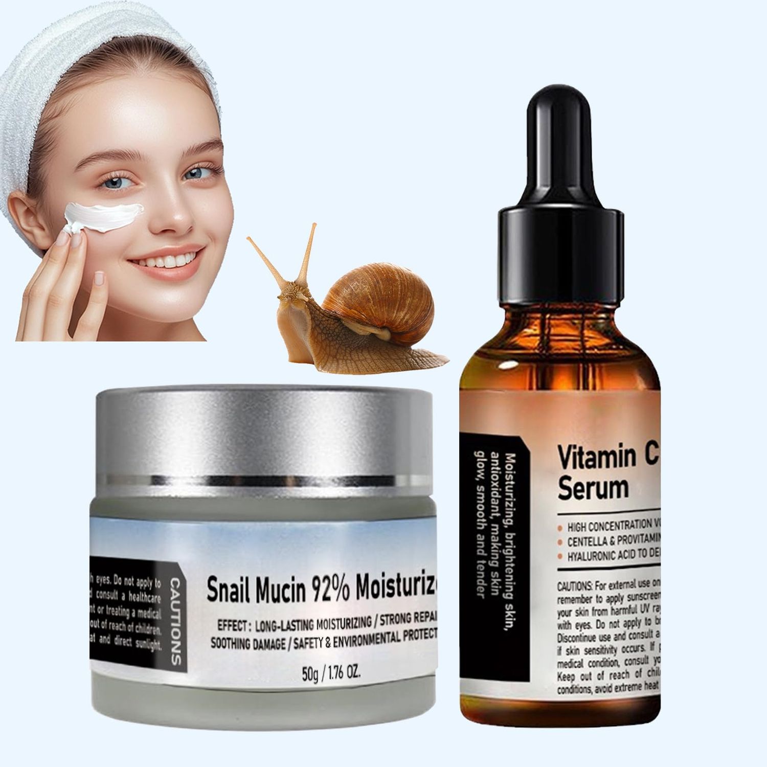 Snail Mucin Moisturizer and Vitamin C Facial Serum Set, Crema De Baba De Caracol Original, Snail Mucin 92% Moisturizer Face Gel Cream, All In One Snail Mucin Serum Kit for All Skin Type