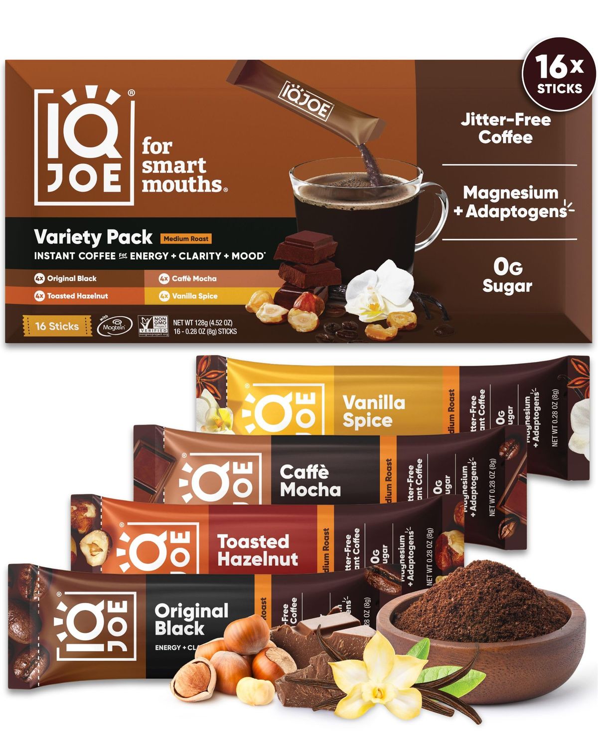 IQJOE Mushroom Coffee Packets (16 Servings) Lions Mane, Magtein Magnesium, Antioxidants, Adaptogens - Variety Pack - Instant Coffee for Focus, Clarity, Mood, Energy Boost - Sugar Free, Keto, Vegan