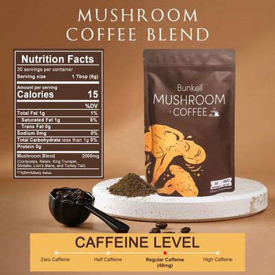 Bunkell Mushroom Coffee, Organic 6 Mushrooms with Lion's Mane, Reishi, Cordyceps, Shitake, King Trumpet & Turkey Tail, Instant Coffee Powder for Energy, Digestion & Immune Support, 30 Servings 1 Pack