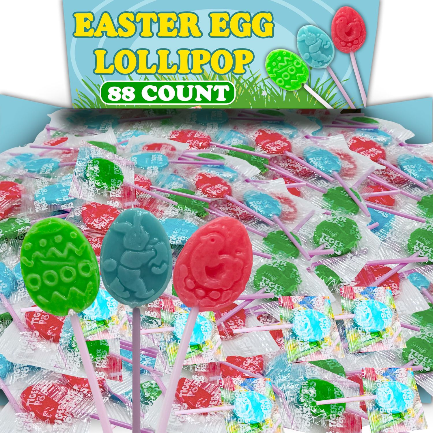 Easter Egg Lollipops, 88 Pc Egg Shaped Suckers, Fruit Flavors Bulk Easter Treats, Bunny, Egg, &amp; Chick Designs, Kids Egg Hunt Candy