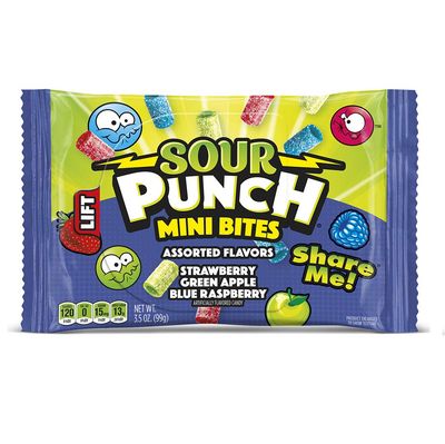 Sour Punch Mini Bites Strawberry Apple Blue Raspberry Flavored Sour Chewy Candy 3.5oz Bag (12 Count)