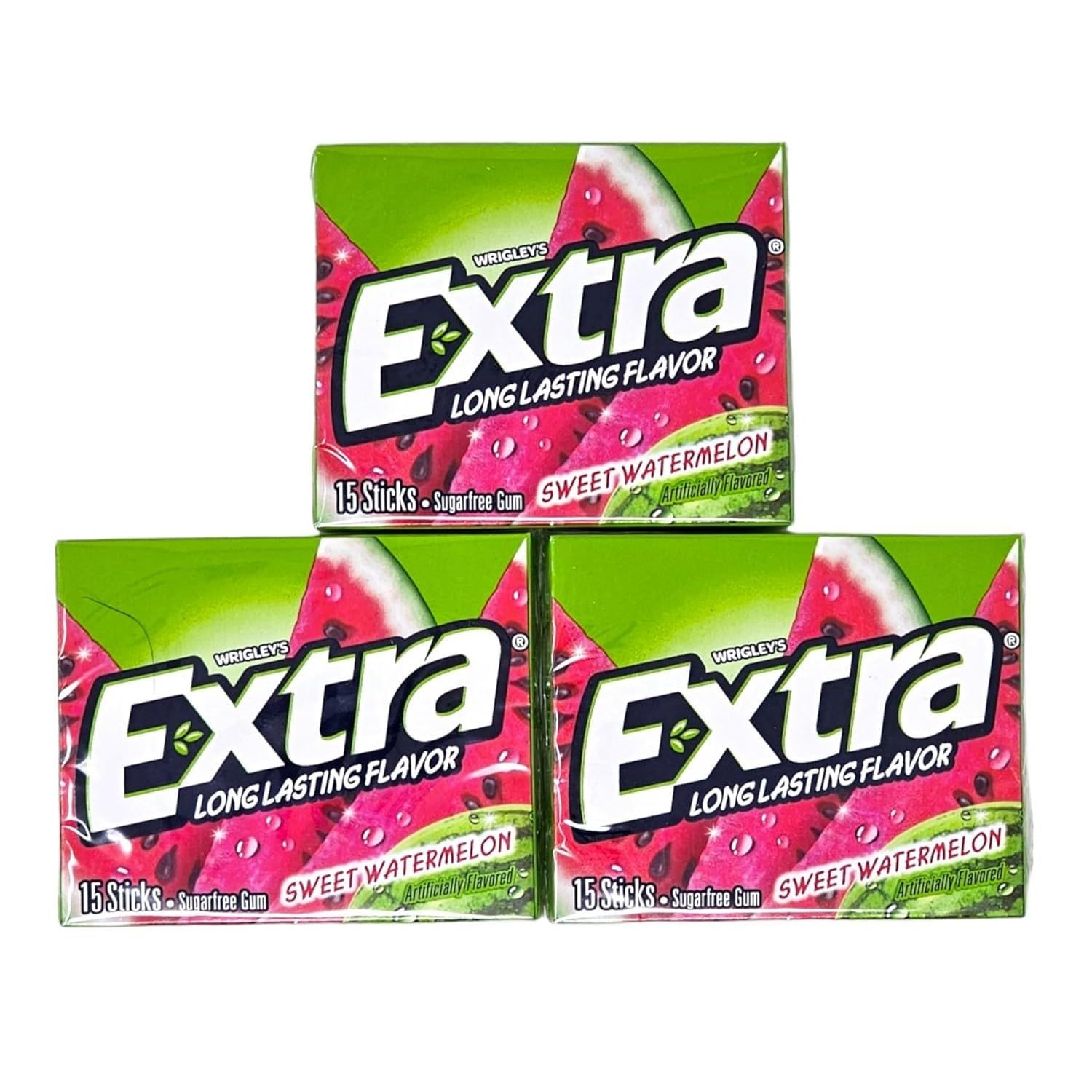 Extra Sugar-Free Chewing Gum Fruit Sensation Gum, Sweet Watermelon Flavor, 15 Sticks Each (Pack of 3, Total 45 Sticks)