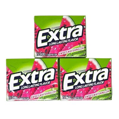 Extra Sugar-Free Chewing Gum Fruit Sensation Gum, Sweet Watermelon Flavor, 15 Sticks Each (Pack of 3, Total 45 Sticks)