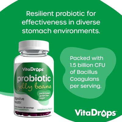 VitaDrops Probiotic Jelly Beans, Supports Digestive Health & Gut Health, Digestive Probiotics for Men & Women, Pectin Based, Vegan & Gluten Free, Raspberry Flavor, 90 Jelly Beans, 30 Servings
