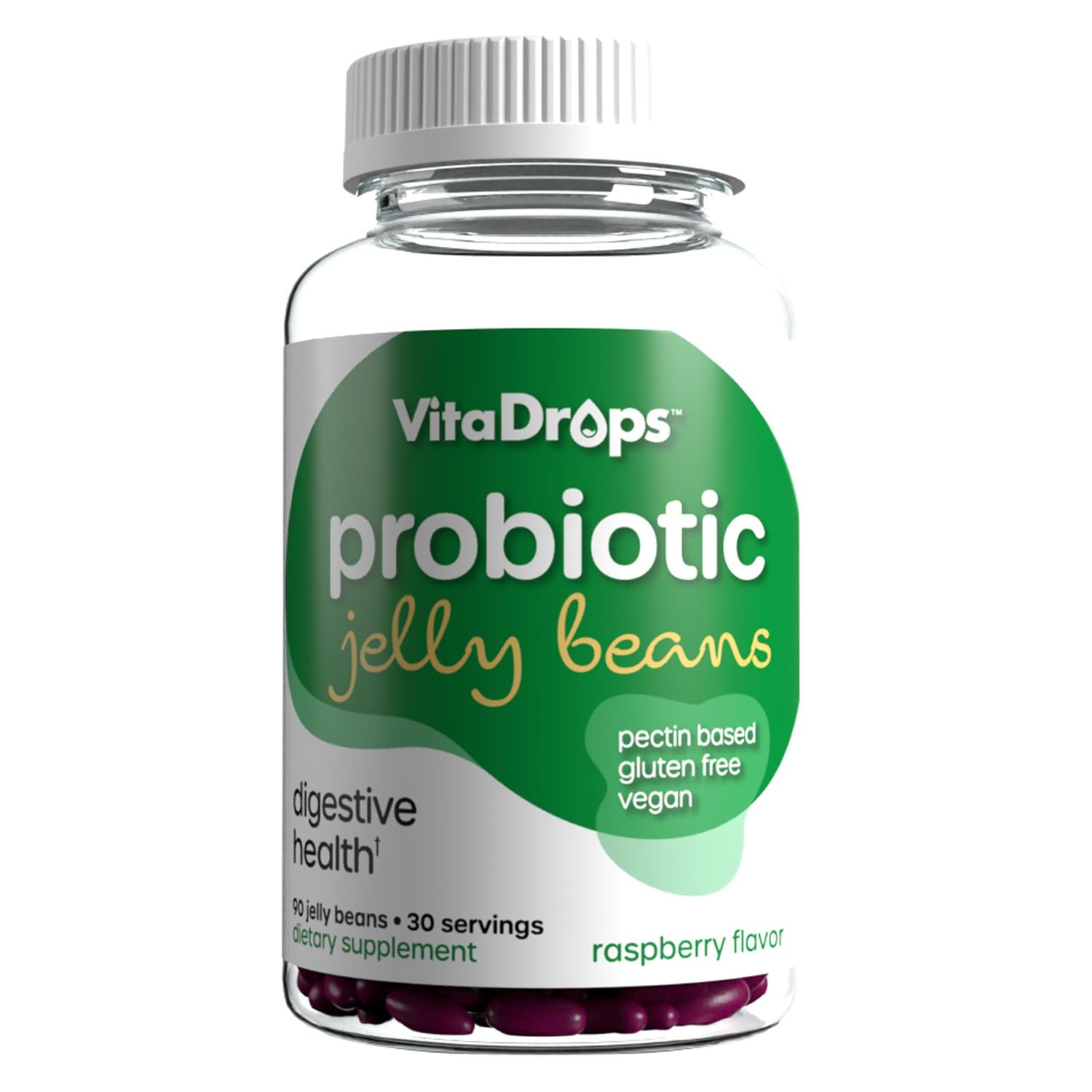 VitaDrops Probiotic Jelly Beans, Supports Digestive Health &amp; Gut Health, Digestive Probiotics for Men &amp; Women, Pectin Based, Vegan &amp; Gluten Free, Raspberry Flavor, 90 Jelly Beans, 30 Servings
