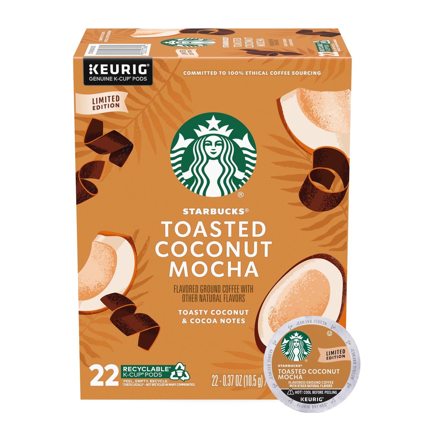 Starbucks K-Cup Coffee Pods, Toasted Coconut Mocha Flavored Coffee for Keurig Coffee Makers, 100% Arabica, Limited Edition, 1 Box (22 Pods)