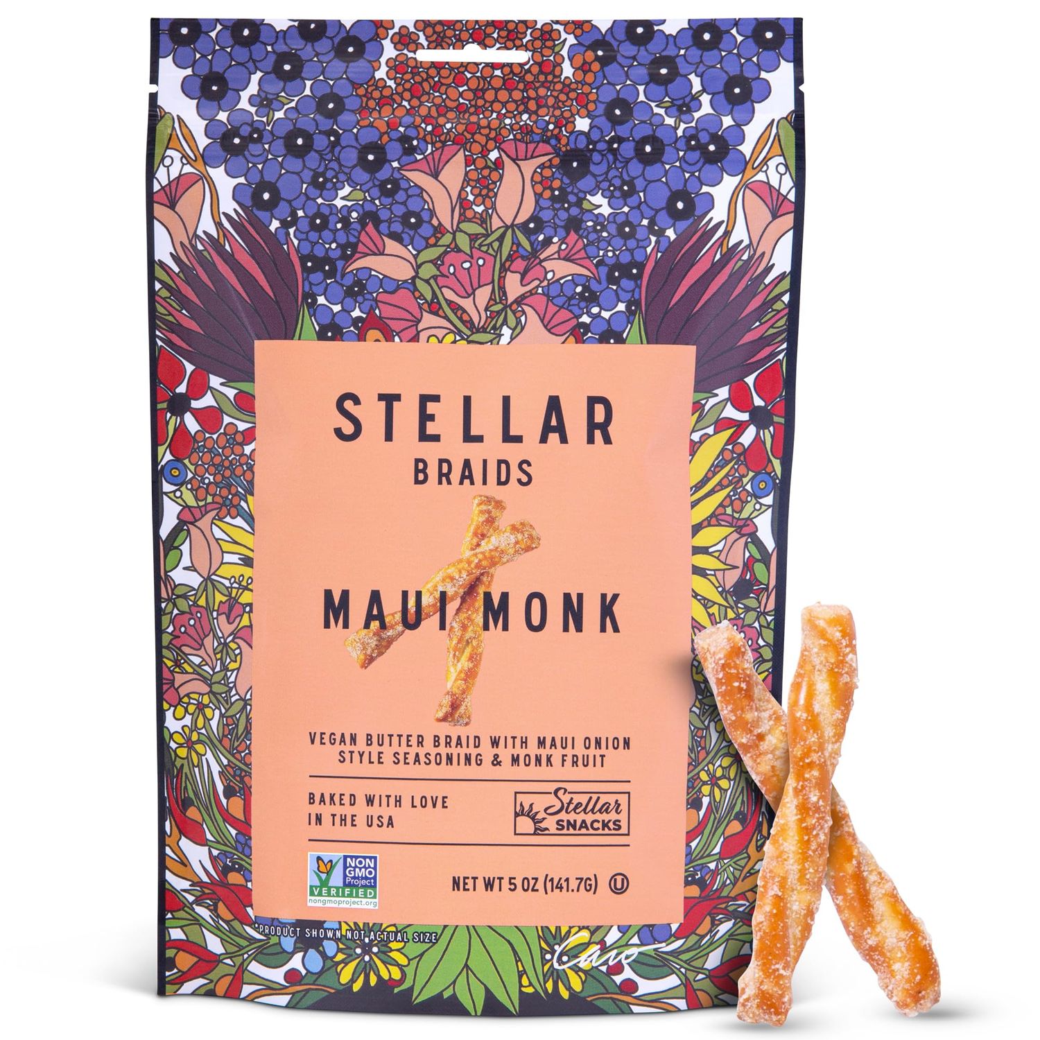 Stellar Pretzel Braids, Maui Monk Sweet Onion, 5 Oz (Pack of 6), Gourmet Pretzel Sticks, Vegan, Kosher, Non GMO, Peanut Free, Healthy Snack