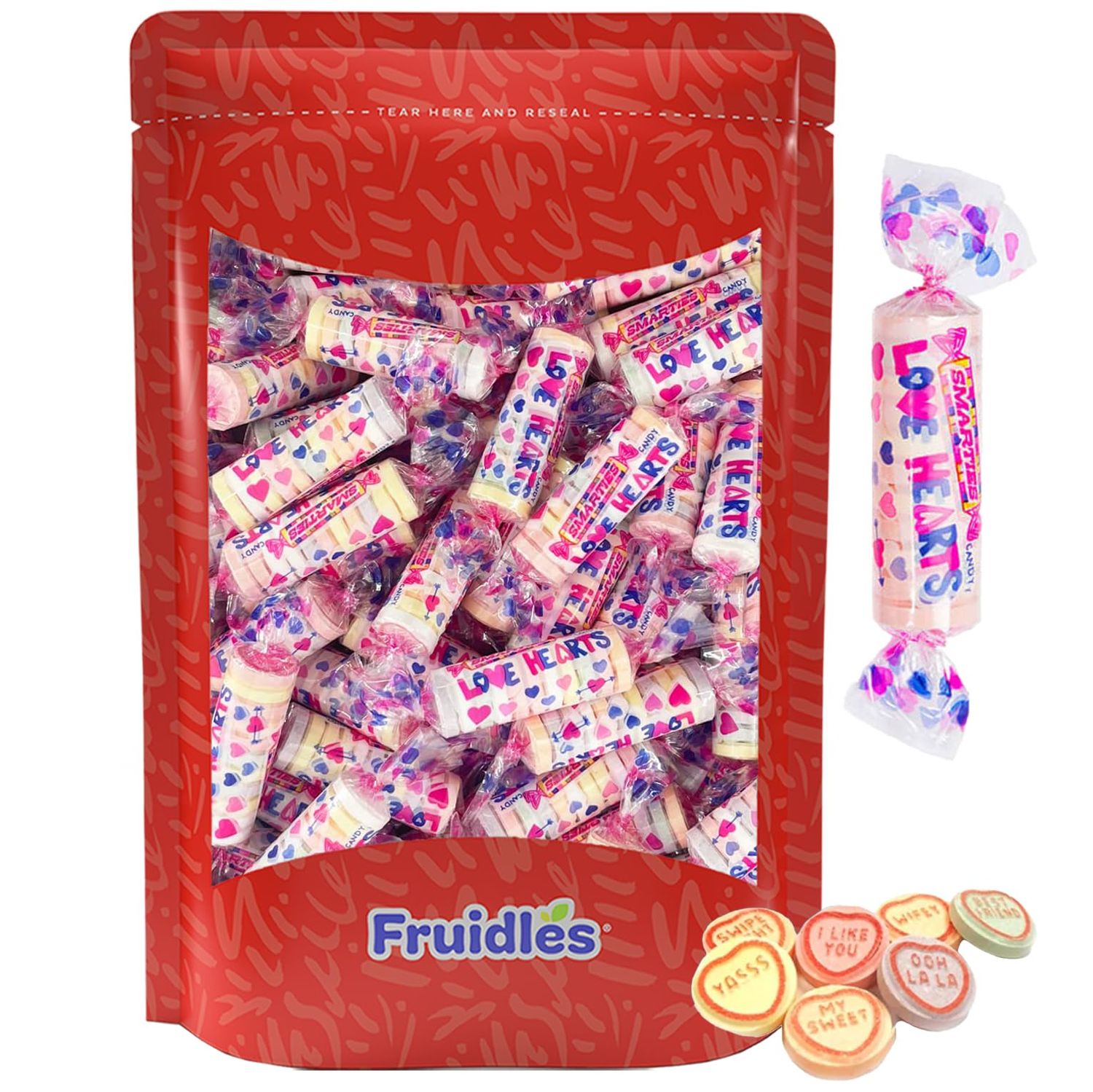 Fruidles Valentine&#39;s Smarties Love Hearts Hard Candy Roll, Heart Shaped Assorted Candies, Individually Wrapped Roll (Half-Pound)