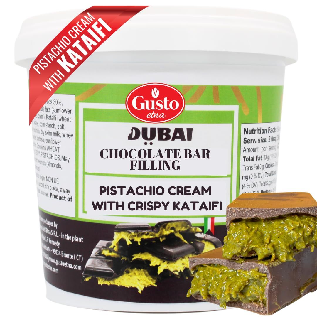 GUSTO ETNA Dubai Pistachio Chocolate Bar Filling- Pistachio Cream with Crispy Kataifi - Premium Crunchy Spread for Gourmet Dessert Spread, 35 oz (1kg), Product of Italy