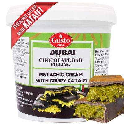 GUSTO ETNA Dubai Pistachio Chocolate Bar Filling- Pistachio Cream with Crispy Kataifi - Premium Crunchy Spread for Gourmet Dessert Spread, 35 oz (1kg), Product of Italy