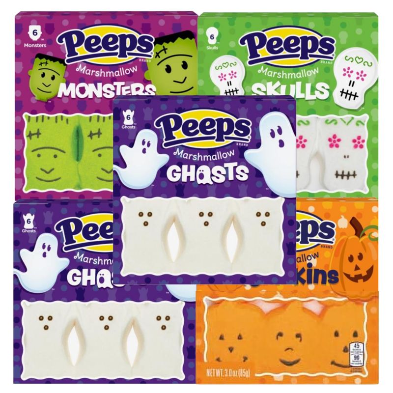 Needzo Halloween Peeps Marshmallows Candy, Spooky Shaped Assortment, Ghosts, Pumpkins, Skulls, and Monsters, 32 Pieces (Pack of 5)