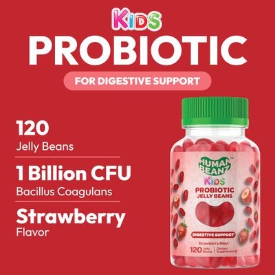 Human Beanz Probiotic Jelly Bean Gummies for Kids, Probiotic Supplements for Digestive Health, Nutritional Vegetarian Supplements, 120 Strawberry Blast Jelly Beans, Kosher