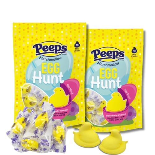 Peeps Egg Hunt Gift - Individually Wrapped Mini Chicks - Perfect Easter Egg Fillers - By Lyza&#39;s Sweets &amp; Treats (Pack of 2, 18 CT Bags)