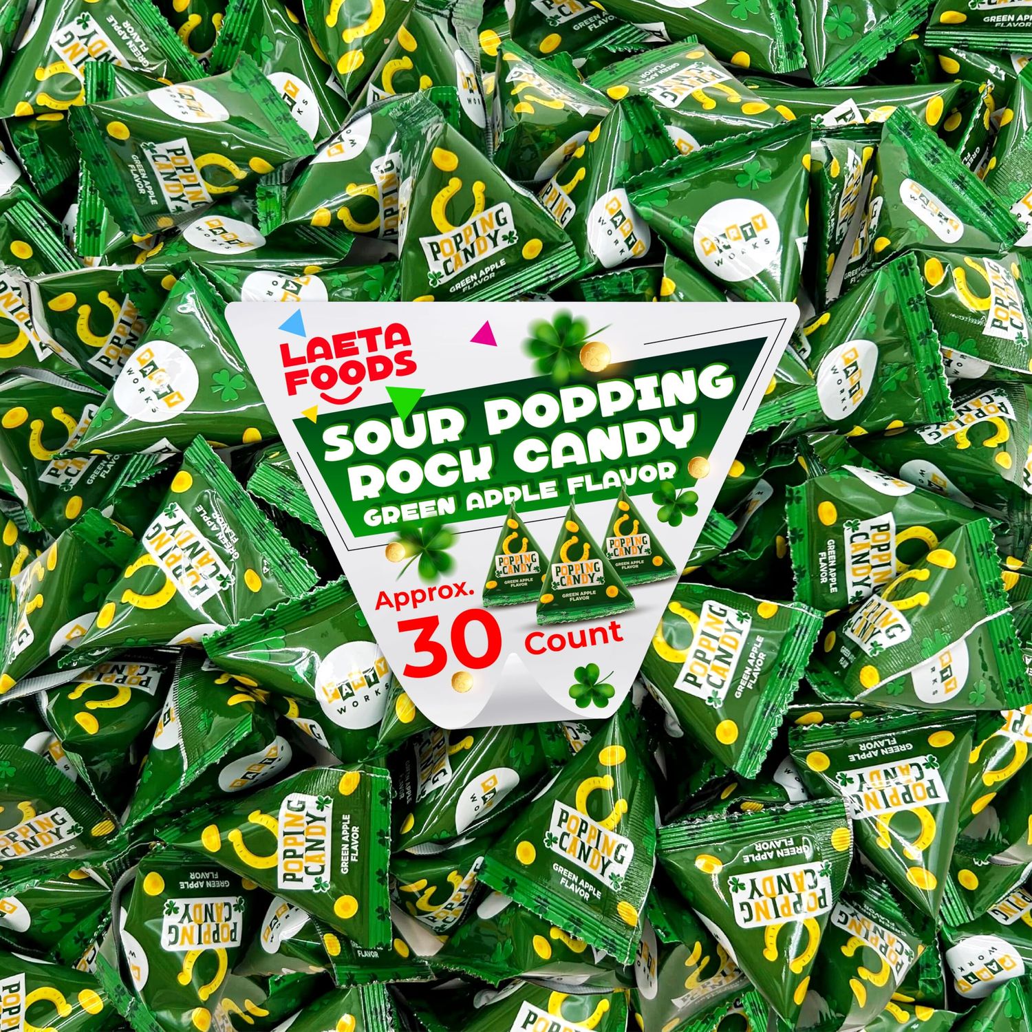 St. Patrick&#39;s Day Sour Popping Rock Candy 30 Count Bag Green Apple Flavor Individual Pouches
