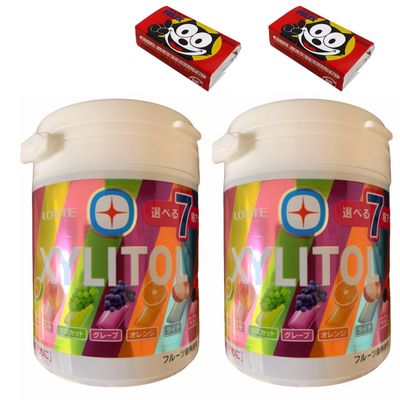 Jinkyoerr Lotte Xylitol Gum 7 Fruits Flavor Assortment Bottle 4.69oz(133g) Set Of 2 And Chewing Gum 2pcs