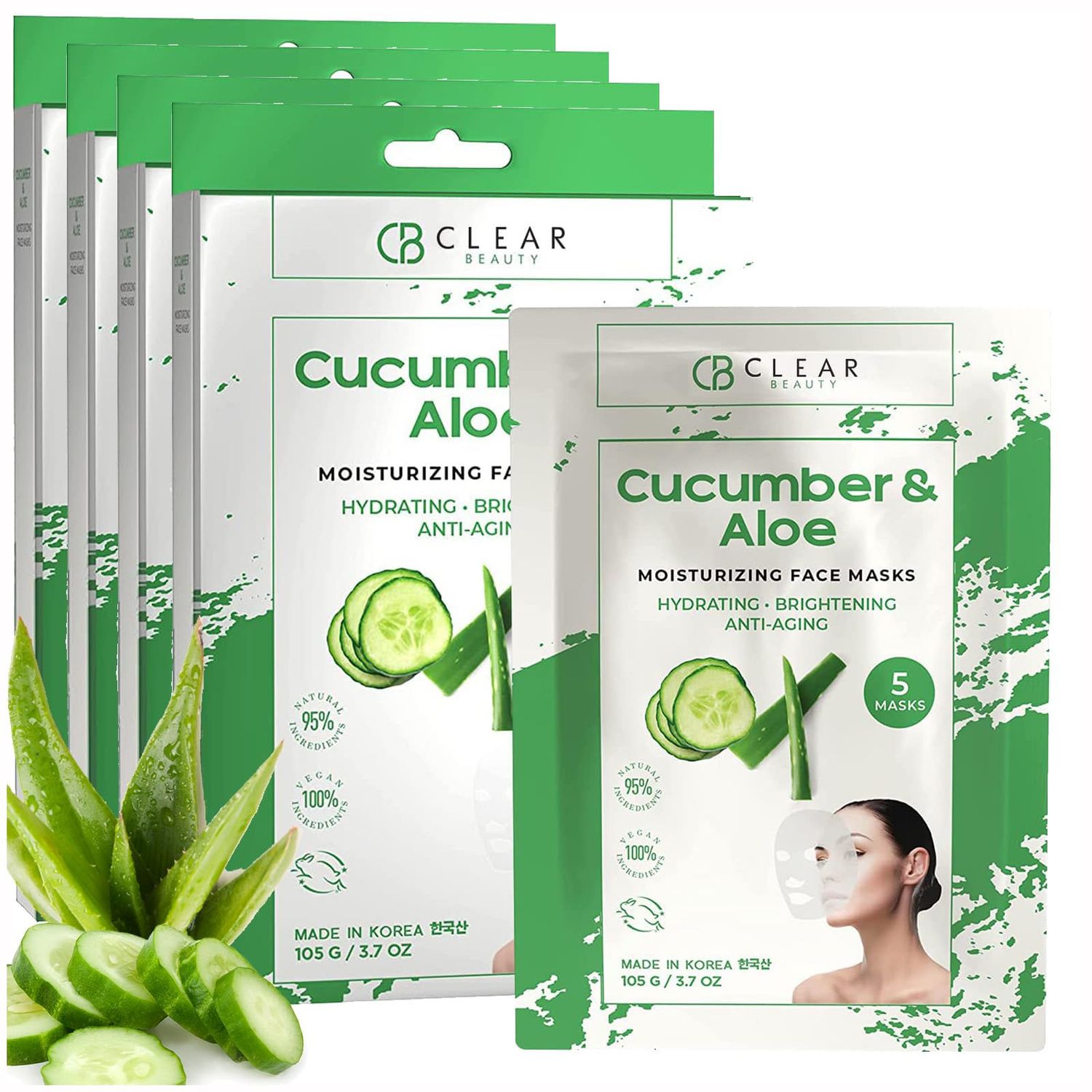 Clear Beauty Cucumber &amp; Aloe Moisturizing Face Mask - Dermatologist Tested, Soothes Irritated Skin, Reduces Wrinkles &amp; Fine Lines, Hydrating, Cruelty-Free Korean Skin Care - All Skin Types - 4 Pack
