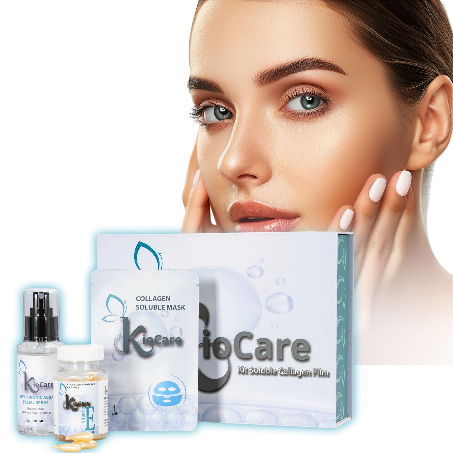 KIOCARE- Skin Care Set, Hyaluronic Acid Spray(1) Vitamin E Capsules for Face(1) Melting Collagen Mask(6). Skin Care Kit, Skincare Set, Collagen, Anti Aiging Set, Beauty Kit, Facial Care Set