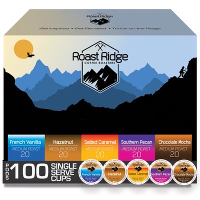 Roast Ridge Single Serve Coffee Pods for Keurig K-Cup Brewers, Variety Pack, 100 Count (20 each: Salted Caramel, Southern Pecan, Chocolate Mocha, Hazelnut, French Vanilla)