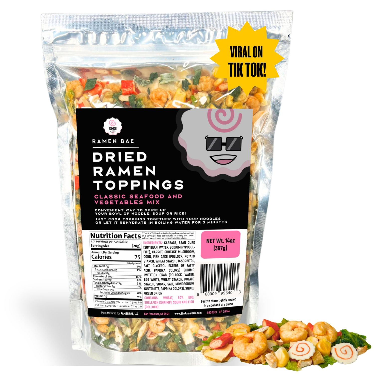 The Ramen Bae - Classic Seafood and Vegetables MIx, Dried Ramen Toppings - 14oz (14 oz., Classic Seafood and Veggie Mix)