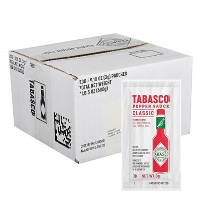 TABASCO Brand Original Red Pepper Sauce, Medium Hot Sauce, Single-Serve Hot Sauce Packets, Classic Flavor, Three Simple Ingredients, On-The-Go, Great for Dips, Tacos, &amp; More, 0.1 Oz (Pack of 200)