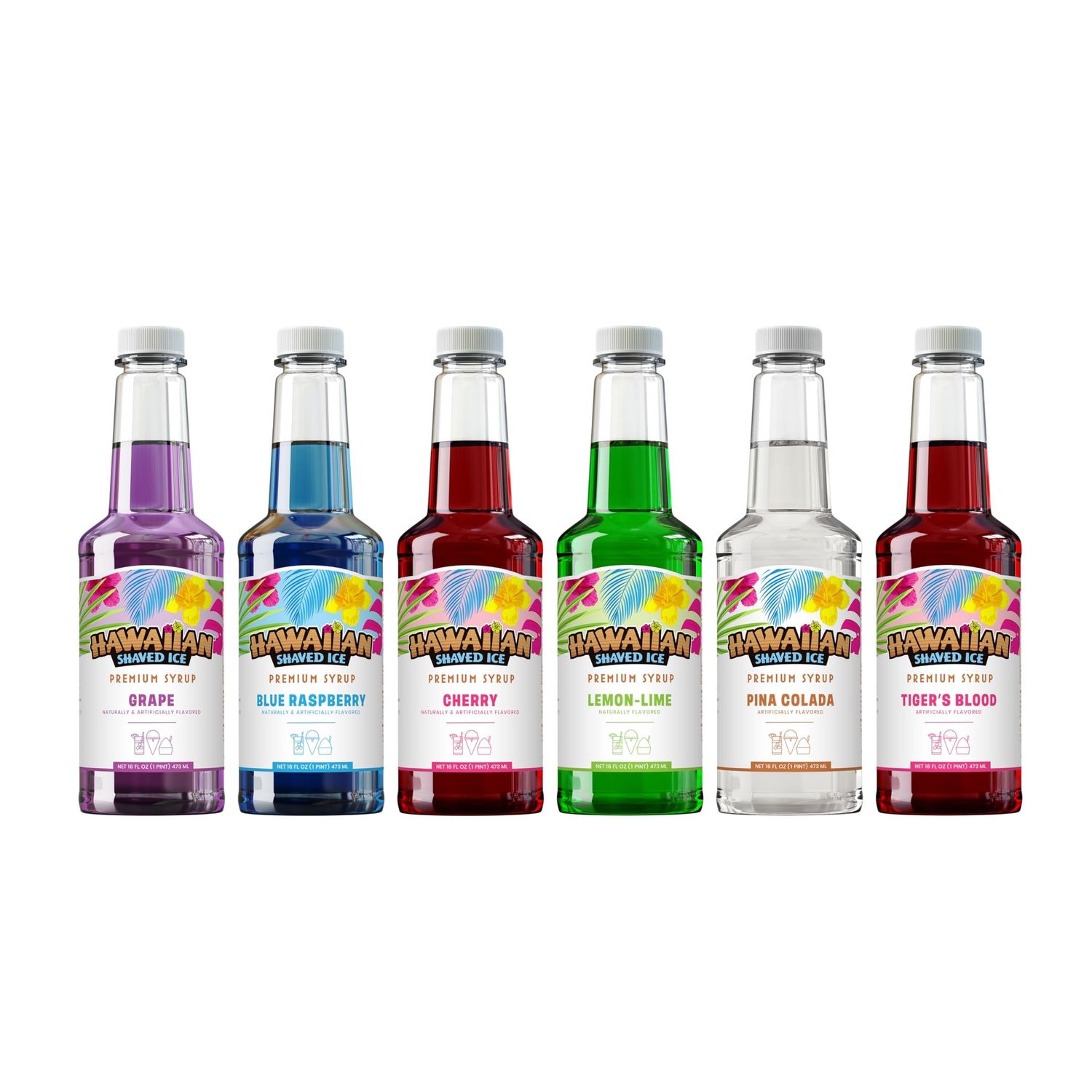 Hawaiian Shaved Ice Syrup Assortment, 6 Popular 16oz Flavors: Cherry, Grape, Blue Raspberry, Tiger&#39;s Blood, Lemon-Lime, Pina Colada