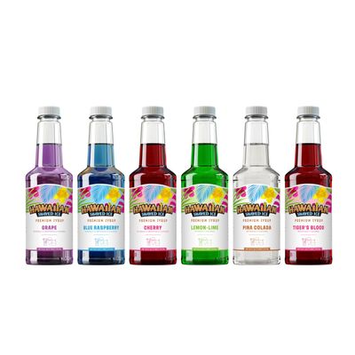 Hawaiian Shaved Ice Syrup Assortment, 6 Popular 16oz Flavors: Cherry, Grape, Blue Raspberry, Tiger&#39;s Blood, Lemon-Lime, Pina Colada
