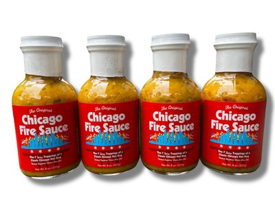 Chicago Fire Sauce The REAL Windy City Hot Sauce Spicy Hot Dog Hot Sauce 7 SPICY Topping to a Chicago Hot Dog Best Hot Sauce Ever Big Fork (8 oz., 4 bottles)