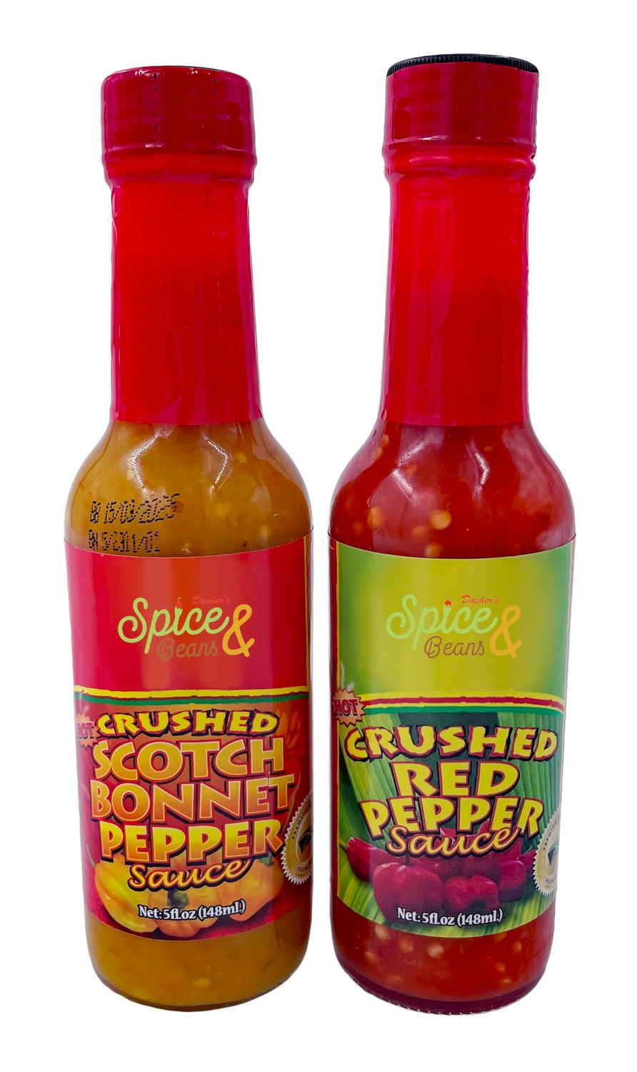 Crushed Red Pepper Sauce &amp; Crushed Scotch Bonnet Sauce (1) 5oz Bottle of Each, by Dasher&#39;s Spice &amp; Beans