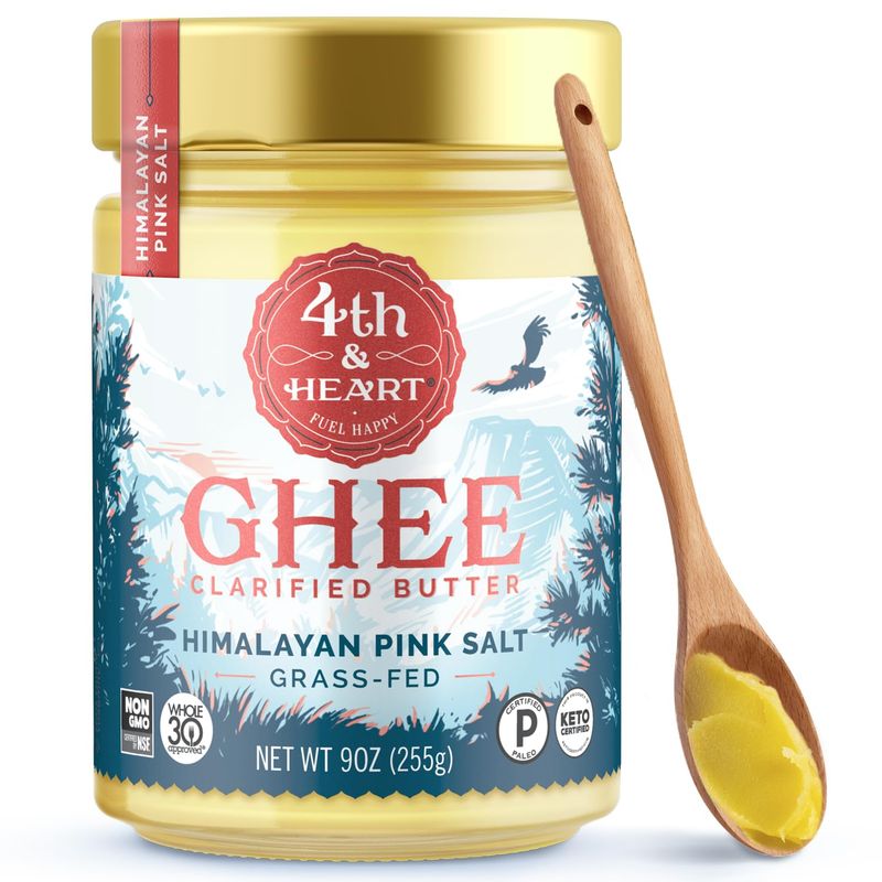 4th &amp; Heart Himalayan Pink Salt Grass-Fed Ghee, Clarified Butter, Keto Pasture Raised, Non-GMO, Lactose and Casein Free, Certified Paleo (9 Ounces)