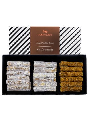 Turkish Delight by Bakirkazan Behlul, Luxury Vegan Snacks with 30% Pistachio, Ramadan Eid Traditional Vegan Gift Basket, Turkish Delight Candy, Orange, Biscuit, Vanillin, 8.82