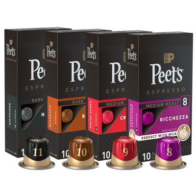Peet&#39;s Coffee, Dark and Medium Roast Espresso Capsules Variety Pack, Compatible with Nespresso Original Machine - Intensity 8-11, 40 Count (4 Boxes of 10 Espresso Capsules)