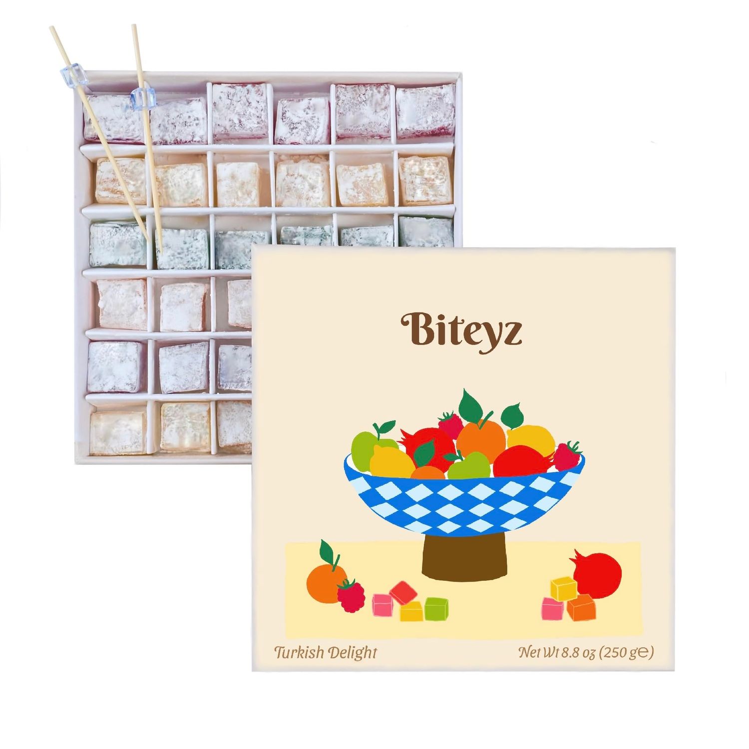 Biteyz Original Turkish Delight, Vegan Candy Gift Box - Assorted Gourmet Fruit Snacks with Lemon, Apple, Orange, Pomegranate, and Raspberry Flavors, 36 Pieces of Luxury Handmade Vegan Treats