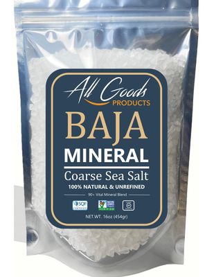 All Goods Products Baja Mineral Coarse Grain Sea Salt, 16 oz Natural Salt from Mexico, Unrefined, Hand-Harvested, Loaded with 90 Essential Minerals, Kosher, 30% Low Sodium.
