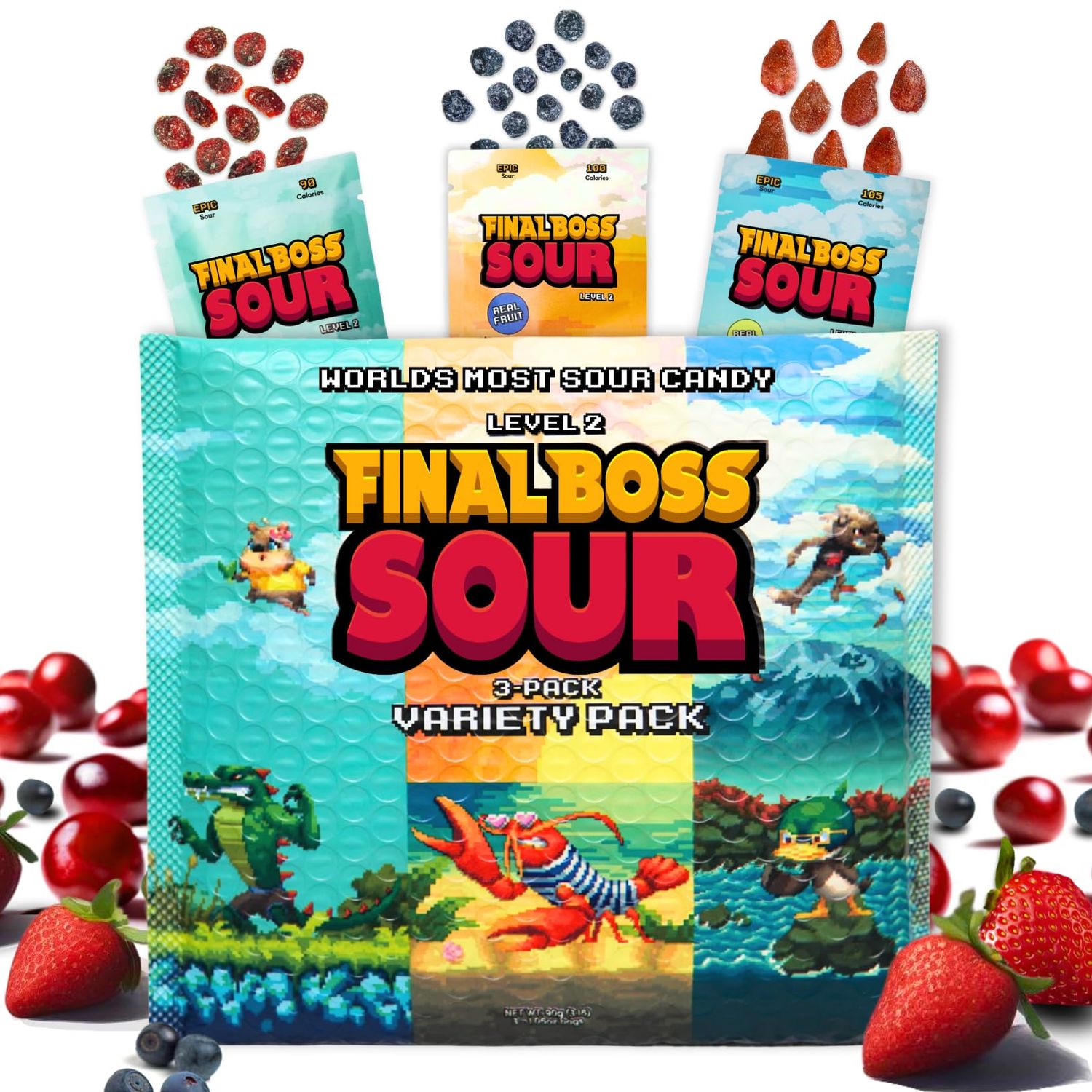 Final Boss Sour Candy Minipacks, Worlds Most Extreme Super Sour Snack Challenge, Free of Artificial Colors, Low Calorie Healthy Snack for Kids &amp; Adults - 3 Pack (Level 2)