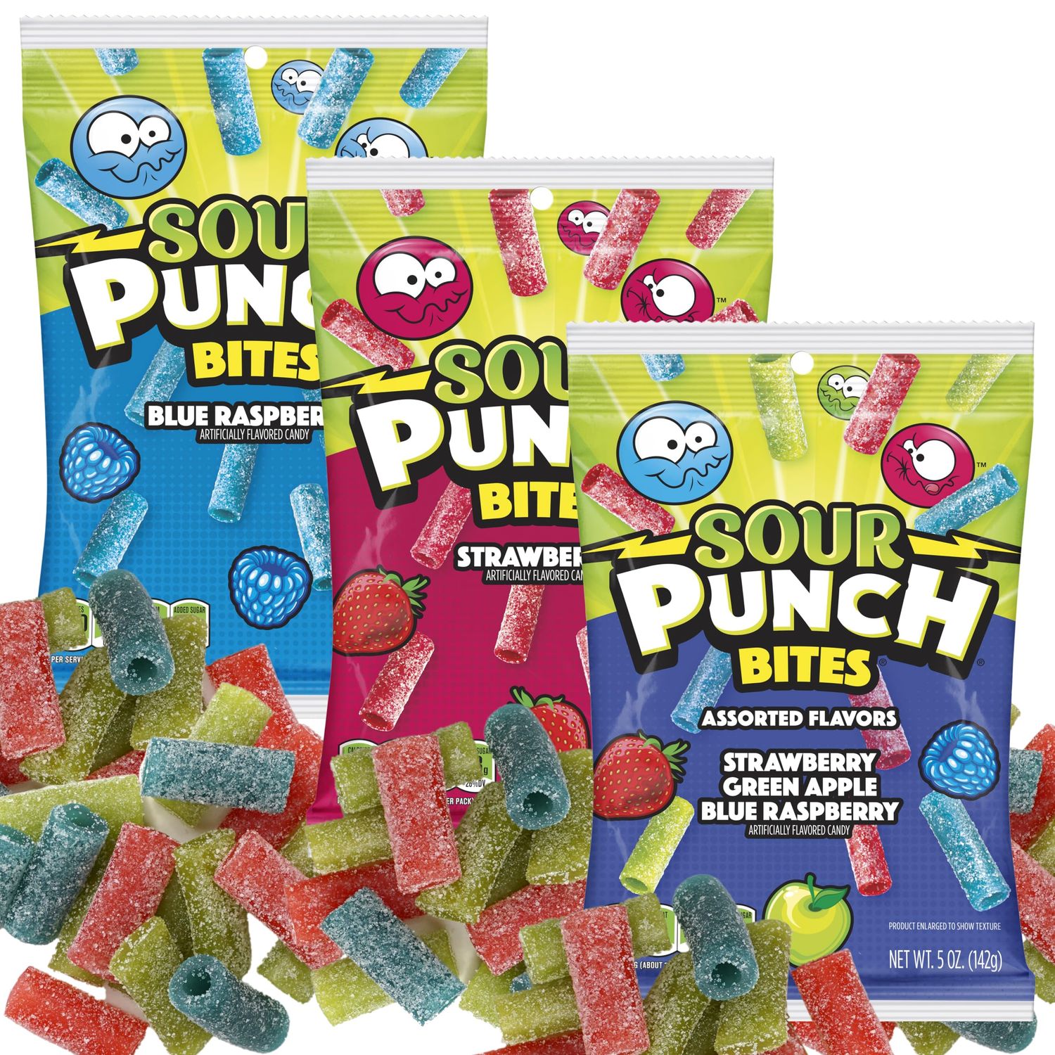 Sour Punch Bites, 5 Ounce Bags (Pack of 3), Strawberry, Blue Raspberry &amp; Assorted Flavors Bags, The Hampton Popcorn &amp; Candy Company