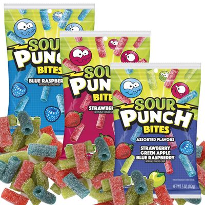 Sour Punch Bites, 5 Ounce Bags (Pack of 3), Strawberry, Blue Raspberry &amp; Assorted Flavors Bags, The Hampton Popcorn &amp; Candy Company