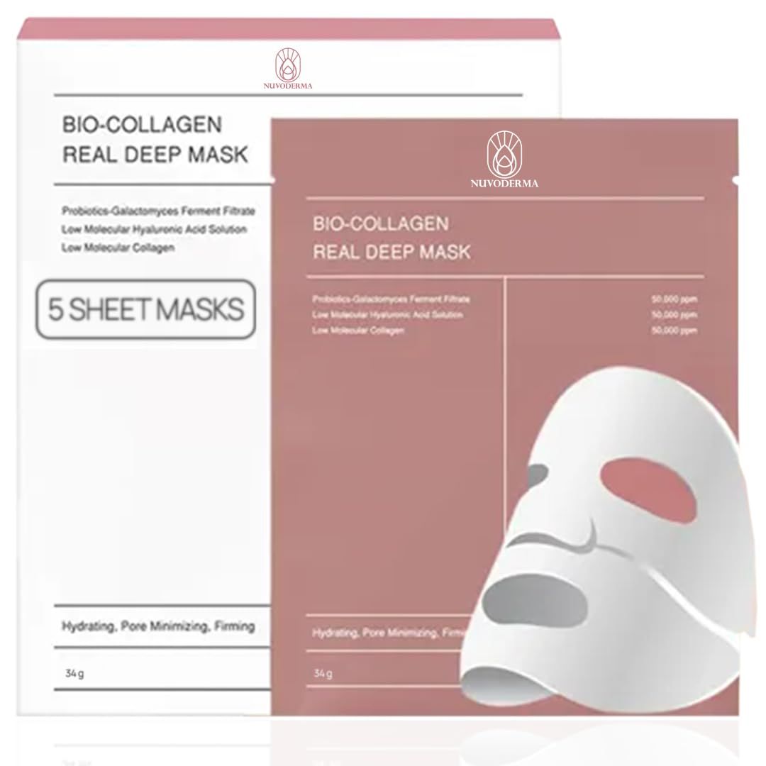 NUVODERMA Bio Collagen Face Mask (5 Pack), Overnight Deep Hydrating Collagen Mask for All Skin Types, Anti-Aging Collagen Sheet Mask, Helps to Minimize Wrinkles, Restores Skin Elasticity &amp; Plumpness