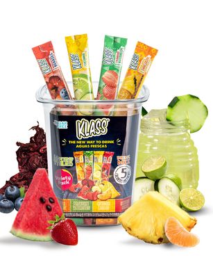 Klass Aguas Frescas Powdered Drink Mix 44 Sugar Free Powder Packets Flavors - Cucumber Limeade Pineapple Tangerine Strawberry Watermelon &amp; Hibiscus Berries - Water Enhancer To Go!