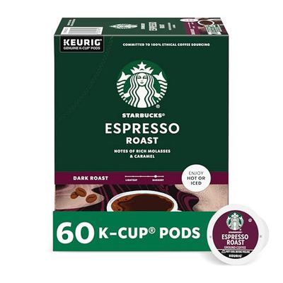Starbucks K-Cup Coffee Pods, Dark Roast Coffee, Espresso Roast for Keurig Coffee Makers, 100% Arabica, 6 Boxes (60 Pods Total)