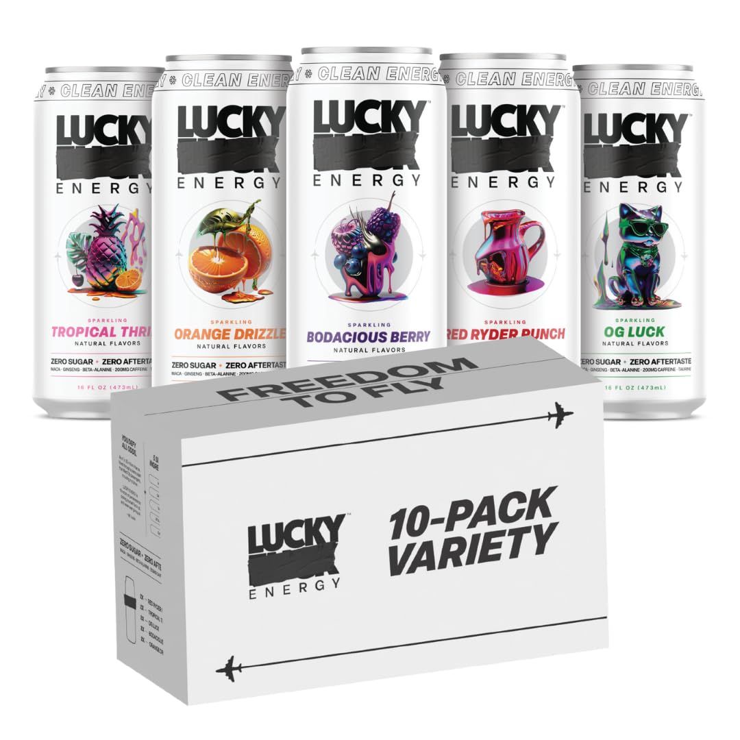 Lucky Energy Sugar Free Energy Drinks 16 Fl Oz Cans (Pack of 10) Healthy Energy Drink Variety Pack with Maca, Ginseng, Taurine, Beta-Alanine, 200mg Caffeine (Packaging may vary).