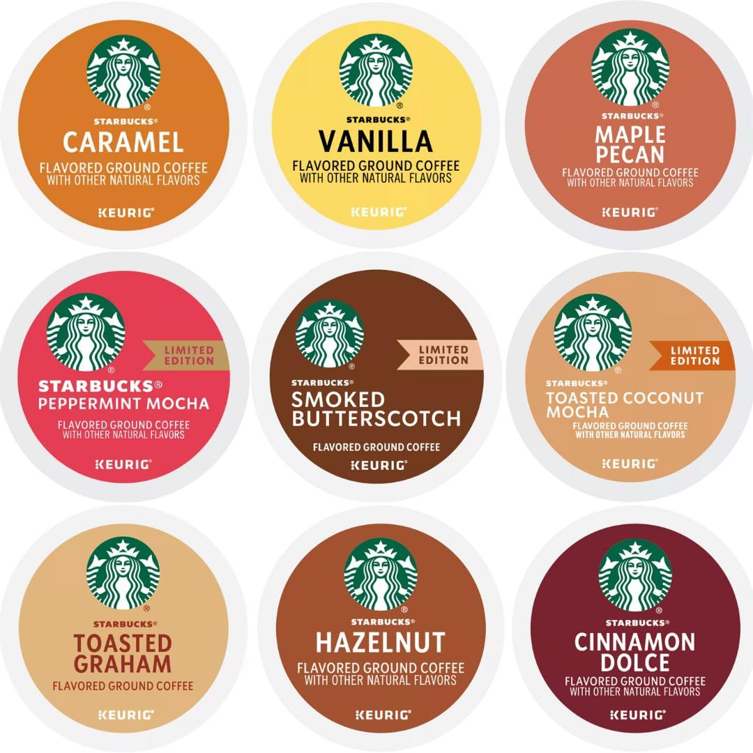 Starbucks K-Cups Flavored Sampler Includes Caramel, Hazelnut, Cinnamon Dolce, Smoked Butterscotch, Vanilla, Maple Pecan, Graham And Peppermint Mocha
