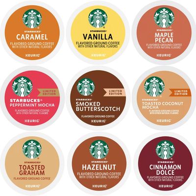 Starbucks K-Cups Flavored Sampler Includes Caramel, Hazelnut, Cinnamon Dolce, Smoked Butterscotch, Vanilla, Maple Pecan, Graham And Peppermint Mocha