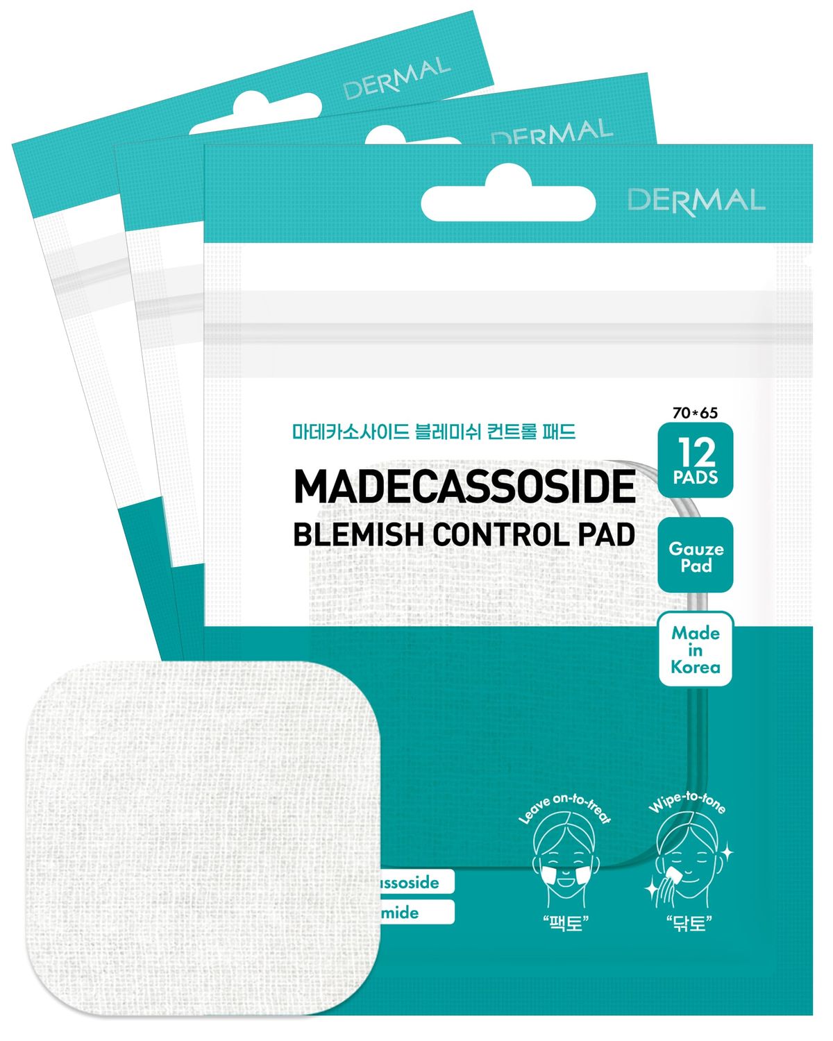 DERMAL Madecassoside Blemish Control Toner Pad - Korean Toner Pad for Blemish &amp; Tone Improvement with Centella Asiatica - Vegan Gauze Tencel Square Pads - Travel Kit 12 Pads, 3 Pack (Total 36 Pads)