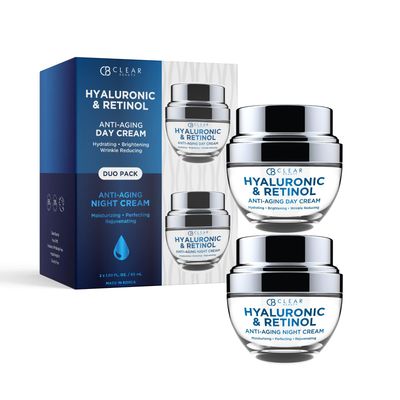 Clear Beauty Hyaluronic Acid &amp; Retinol Day/Night Moisturizer Set - Dermatologist Tested, Anti-Aging, Hydrating Fine Lines &amp; Wrinkles, Clean Beauty, Cruelty-Free Korean Skin Care - 1.69oz (2 Pack)