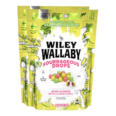 Wiley Wallaby 6 Ounce Sourrageous Drops Mix of Watermelon, Green Apple and Lemon Soft &amp; Chewy Licorice with a Candy Shell, 2 Pack
