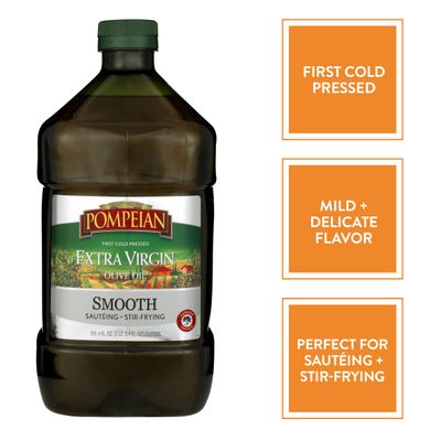 Pompeian Smooth Extra Virgin Olive Oil, Contains Polyphenols, First Cold Pressed, Mild &amp; Delicate Flavor, Perfect for Sauteing &amp; Stir-Frying, Naturally Gluten-Free, Non-GMO, 101 Fl Oz, Single Bottle