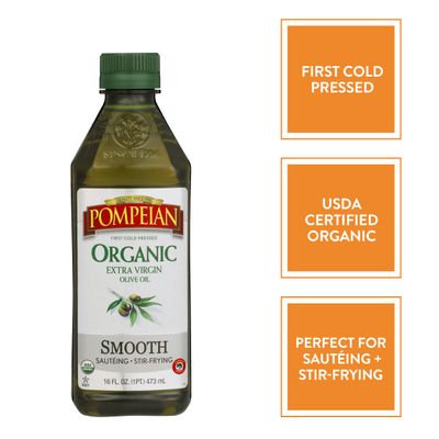 Pompeian USDA Organic Smooth Extra Virgin Olive Oil, Contains Polyphenols, First Cold Pressed, Smooth, Delicate Flavor, Perfect for Sauting &amp; Stir-Frying, 16 FL. OZ