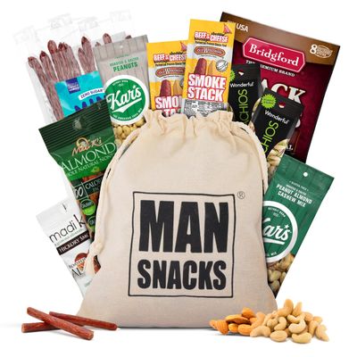 ManSnacks Deluxe Jerky &amp; Nuts Gift Basket for Men - 28 pc - Large Variety of Beef Jerky Sticks, Pepperoni Sticks, Cheese Stick, Almonds, Peanuts &amp; Pistachios, in a Manly Gift Bag